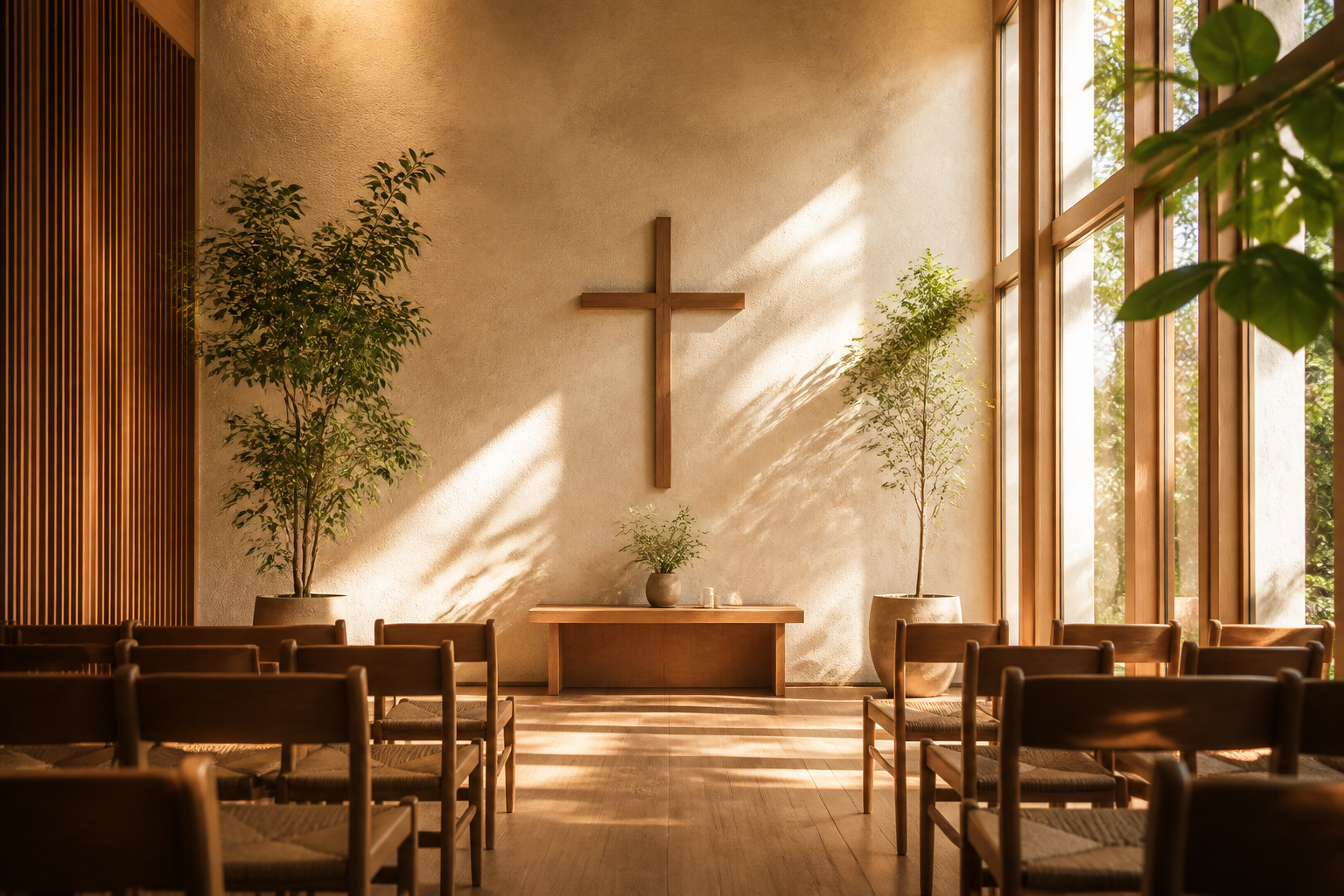A warm sunlit worship space with a simple cross