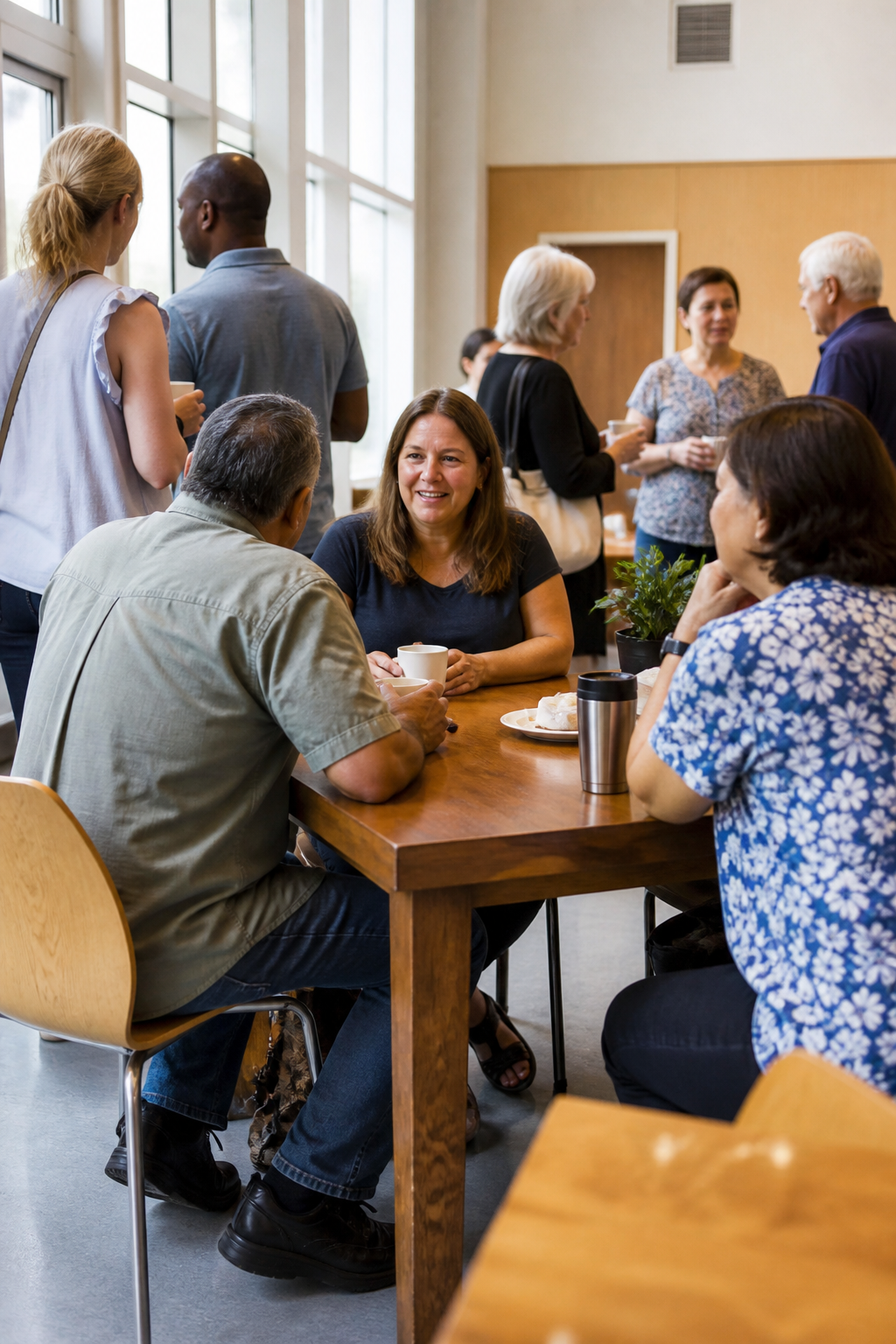 People sharing coffee and conversation in a bright community room