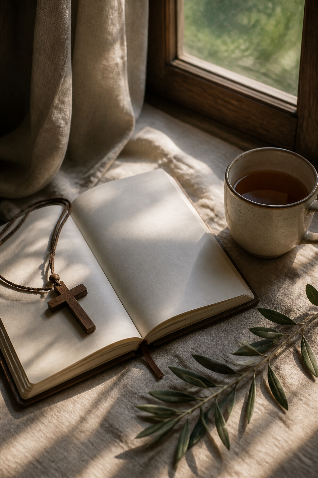 A simple cross pendant and open notebook by a sunny window
